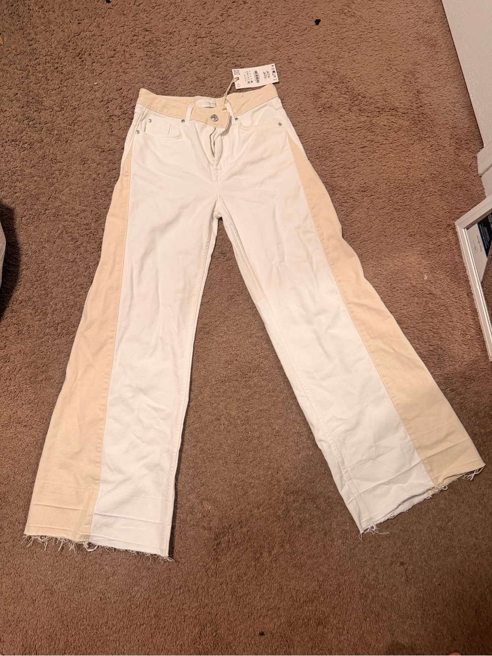 Zara Cream and Beige Wide-Leg Jeans